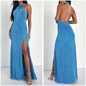 NWT Lulus Stunning Attitude Blue Keyhole Halter Neck Maxi Dress, Stretchy Knit.